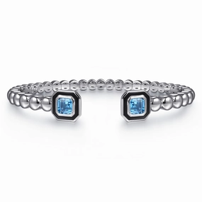 Sterling Silver 6.25" Bujukan Blue Topaz Open Bangle Bracelet with black enamel Special Present