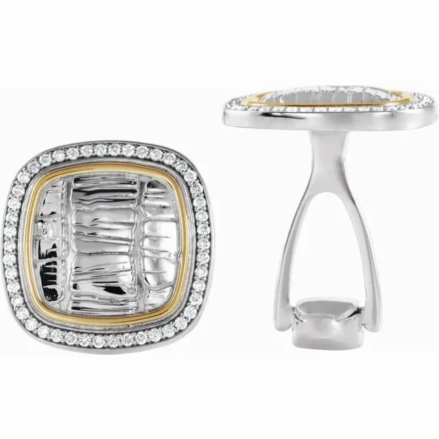 Sterling Silver & 14K Yellow 1/2 CTW Diamond Alligator Print Cuff Links Shiny Style Casual Touch