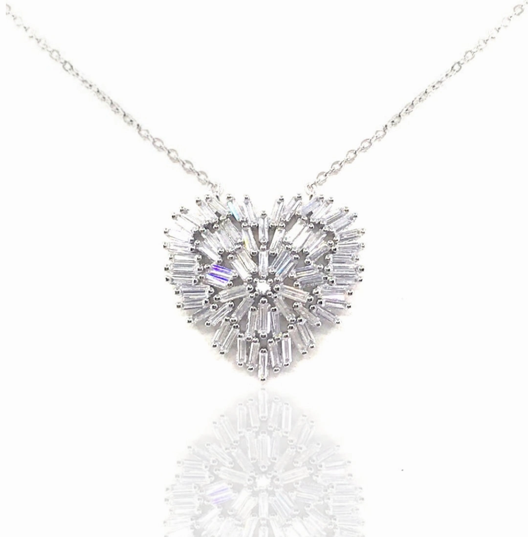 Sterling Silver Baguette Heart Necklace Contemporary Look Bold Accent