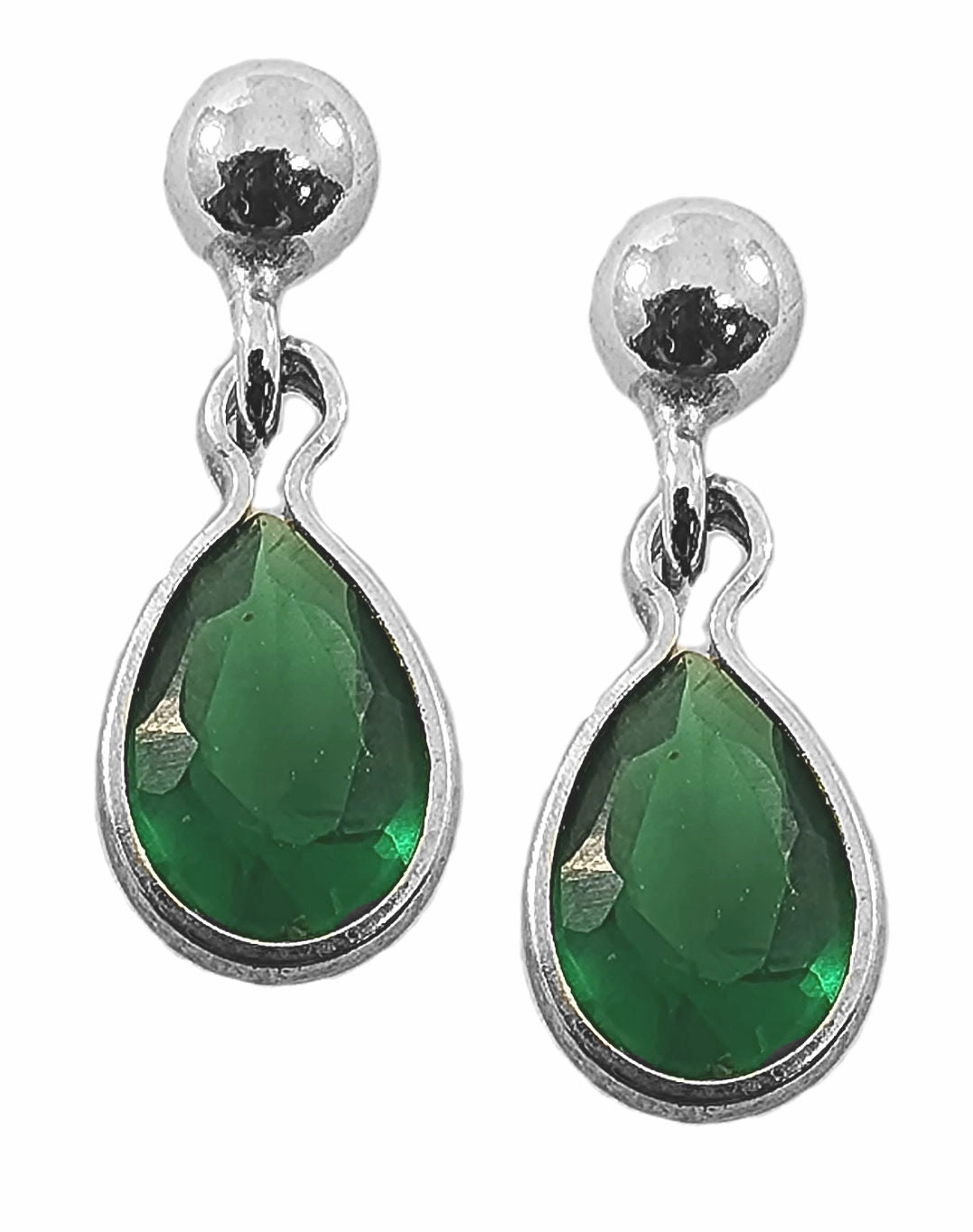 Sterling Silver Ball Post with Drop Earrings Cubic Zirconia Teardrop - Green Everyday Spark Timeless Piece