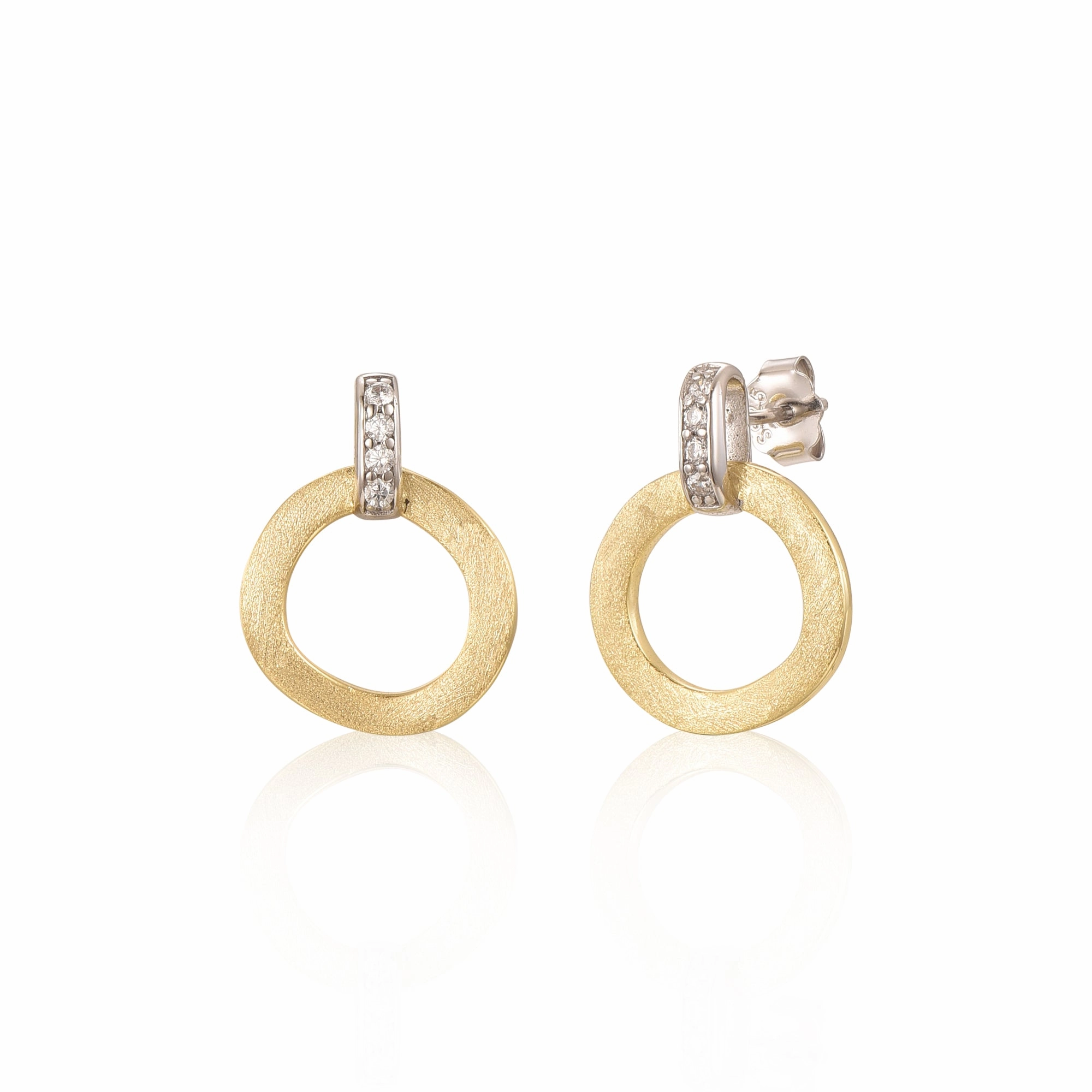 Sterling Silver Brushed Gold Plated Circle Stud Earrings Brilliant Sparkle Bold Detailing