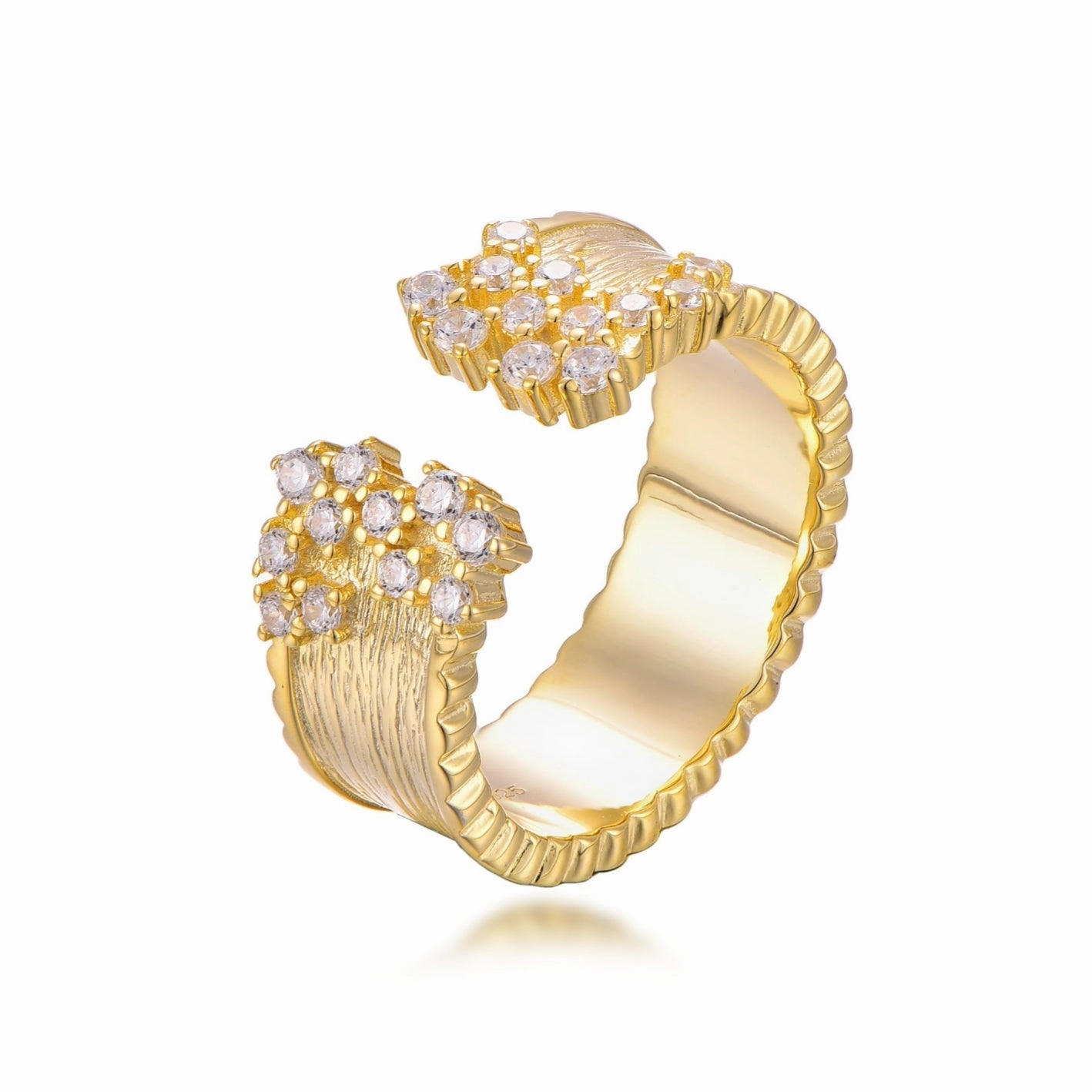 Sterling Silver Brushed Gold Plated Open Cuff Sprinkled CZ Ring Charming Accessories