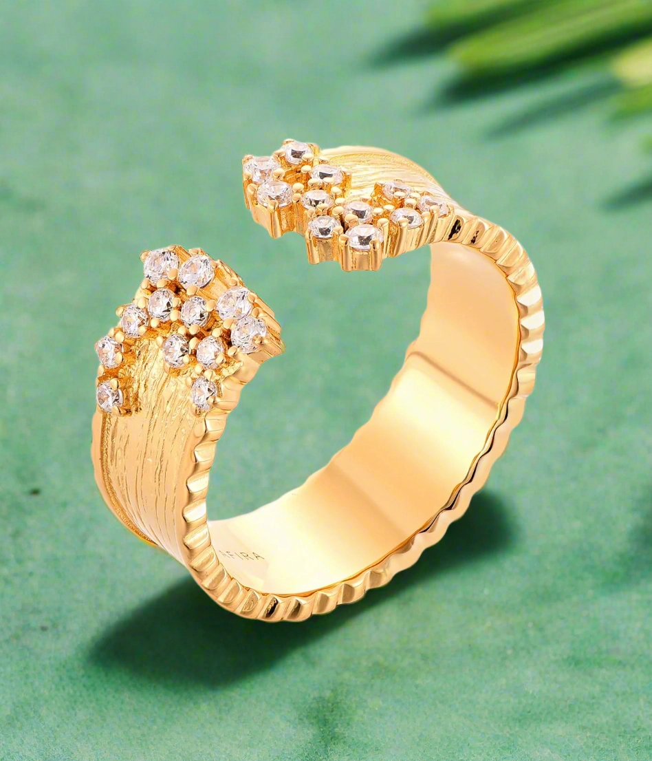 Shine Piece Bold Jewelry Shine Sterling Silver Brushed Gold Plated Open Cuff Sprinkled CZ Ring