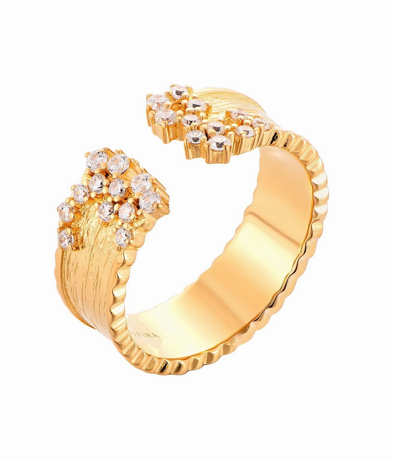 Modern Flow Trend Forward Sterling Silver Brushed Gold Plated Open Cuff Sprinkled CZ Ring