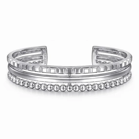 Contemporary Classic Alkali resistant Sterling Silver Bujukan & Pyramid Triple Row 6.25 inch Bangle Bracelet