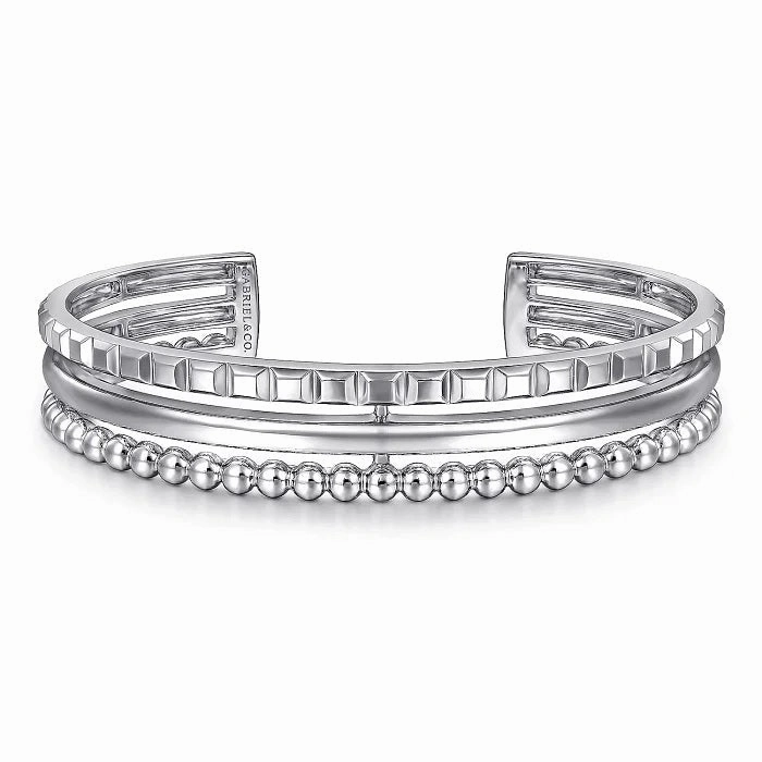 Contemporary Classic Alkali resistant Sterling Silver Bujukan & Pyramid Triple Row 6.25 inch Bangle Bracelet