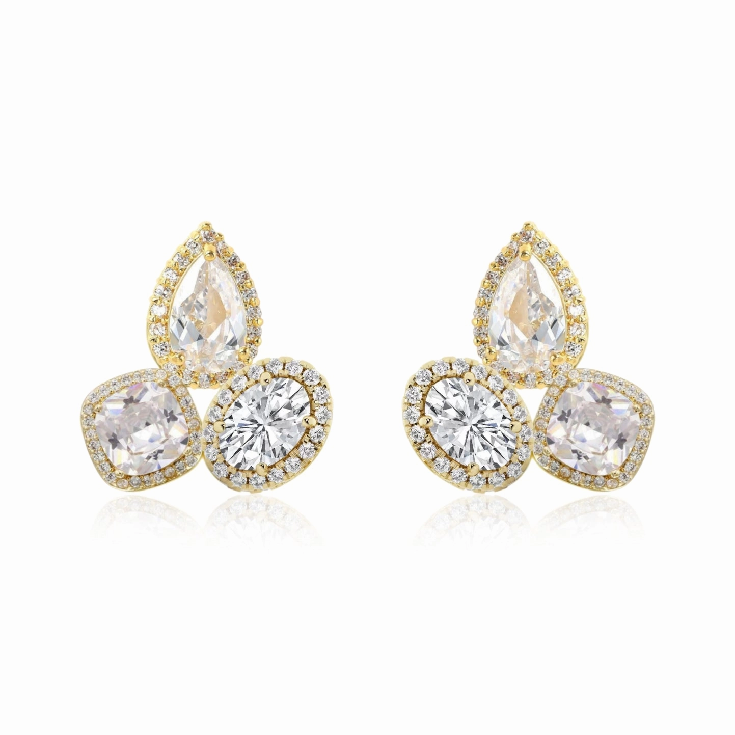 Soft Glimmer Sterling Silver CZ Halo Around Three Stone Stud Earring
