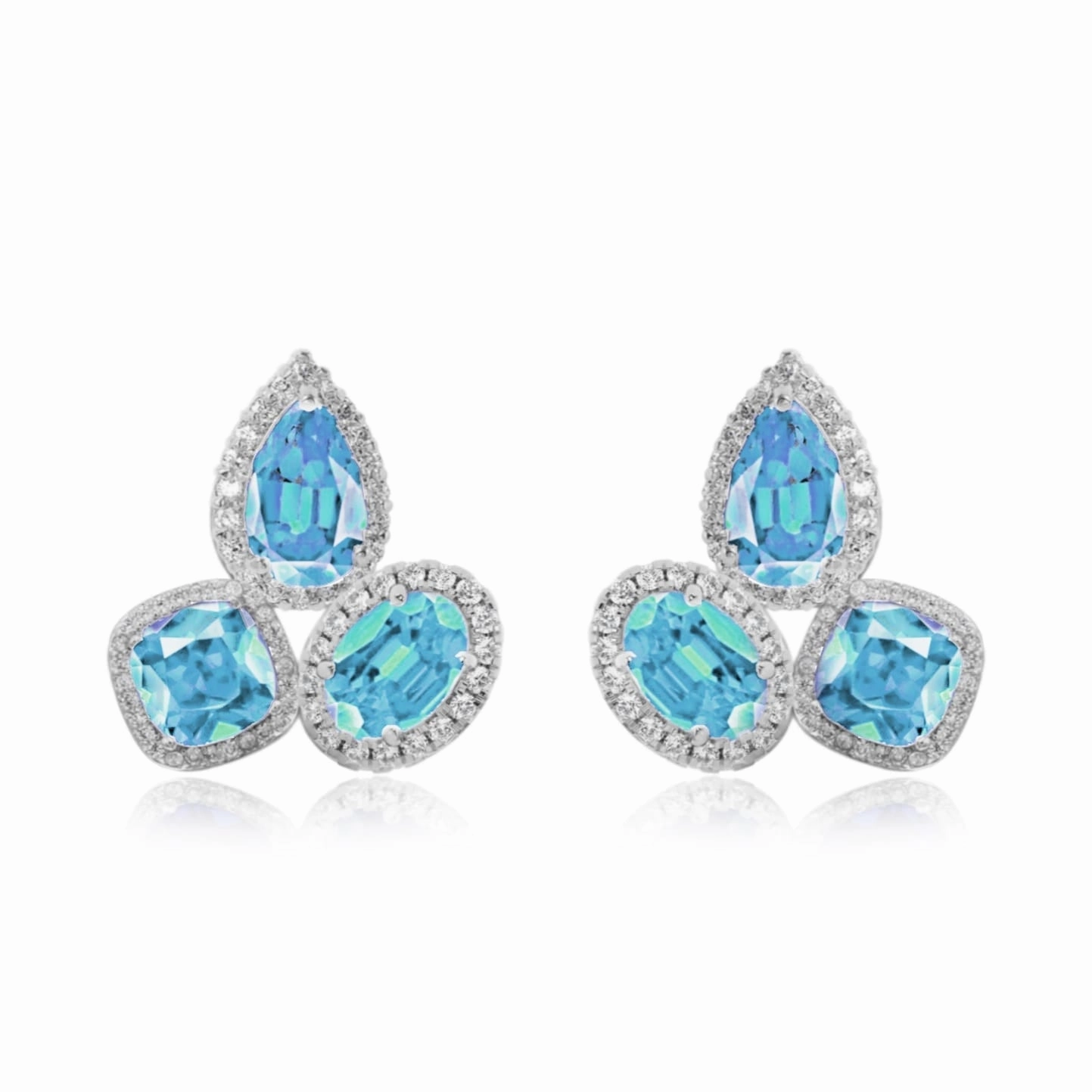 High-End Quality All ages Sterling Silver CZ Halo Around Three Stone Stud Earring
