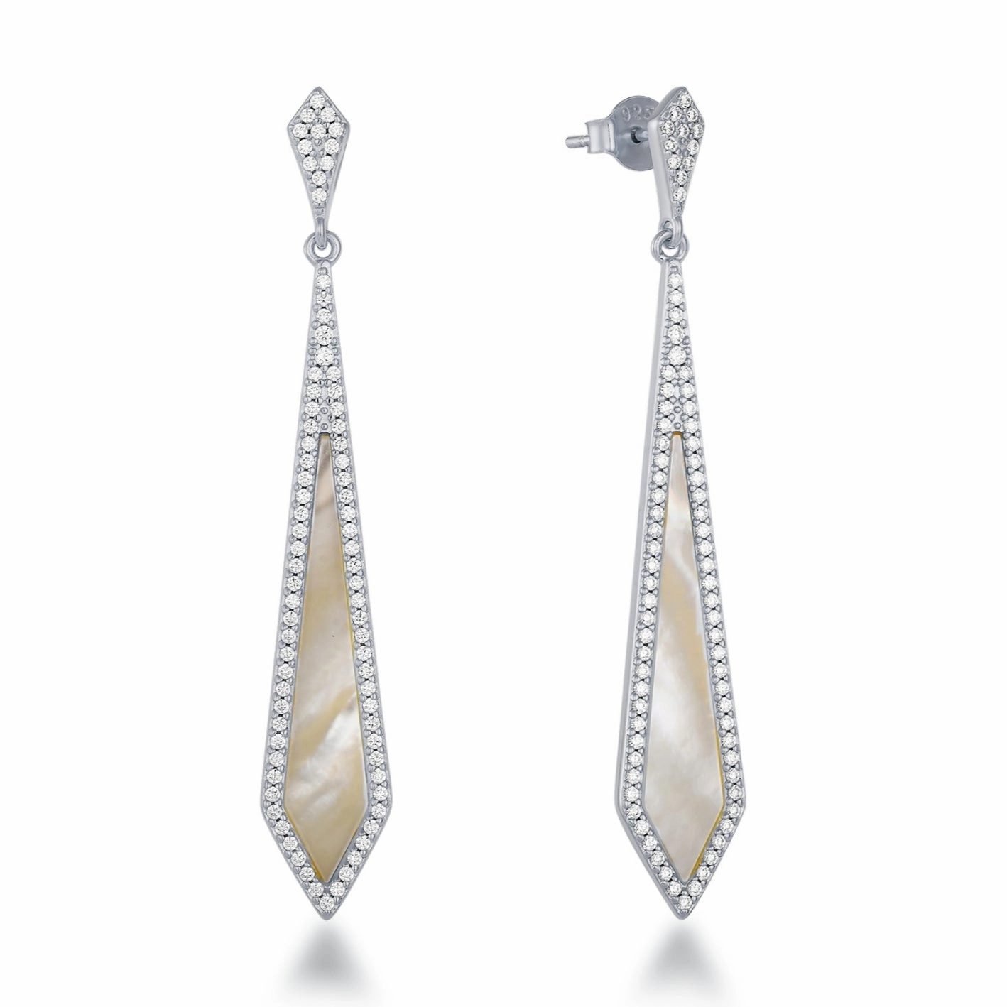Finest Finish Sterling Silver Dangling Kite Shaped Mother of Pearl with Micropave Border Earrings