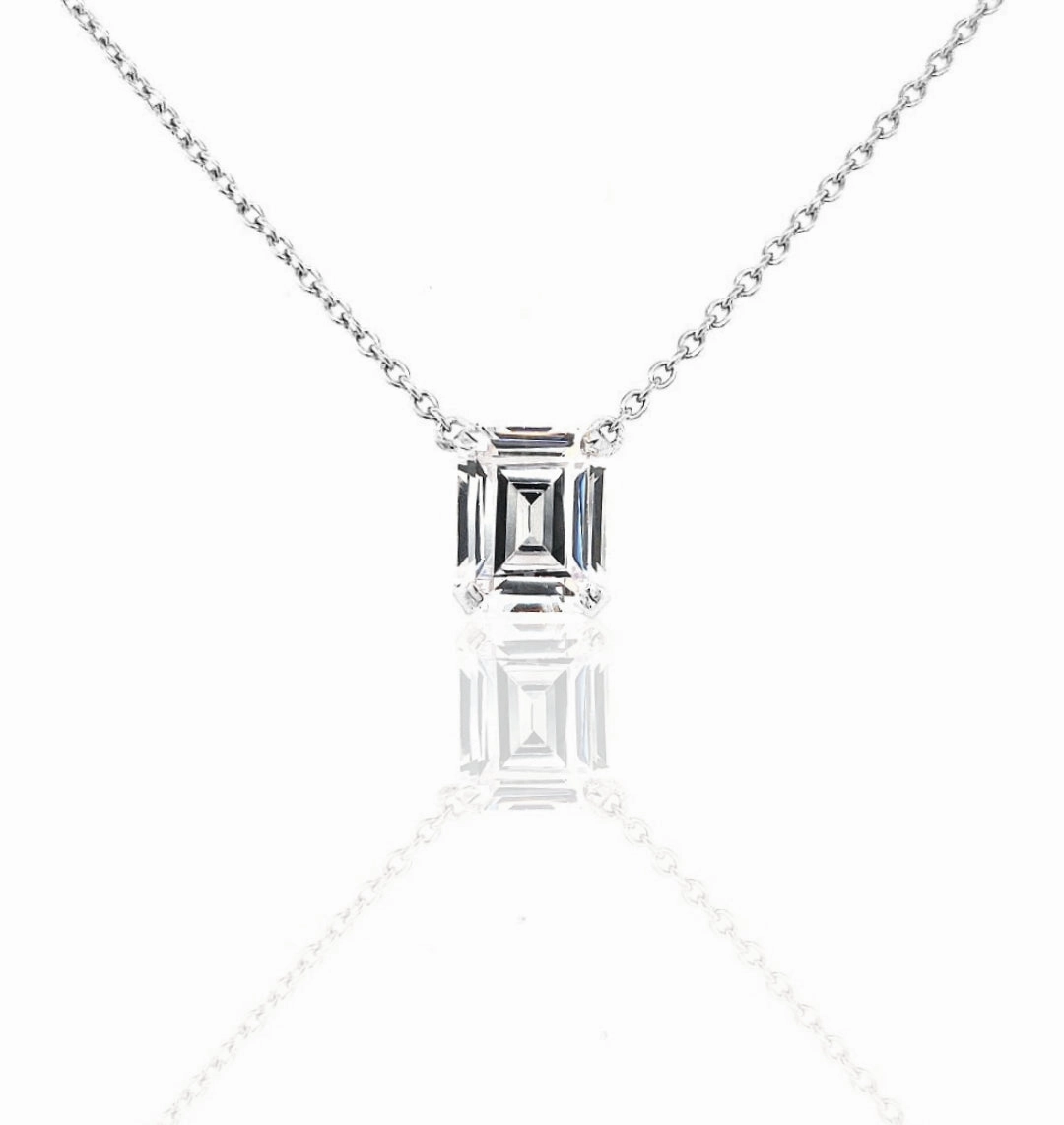 Sterling Silver Emerald Cut CZ Solitaire Necklace Vibrant color
