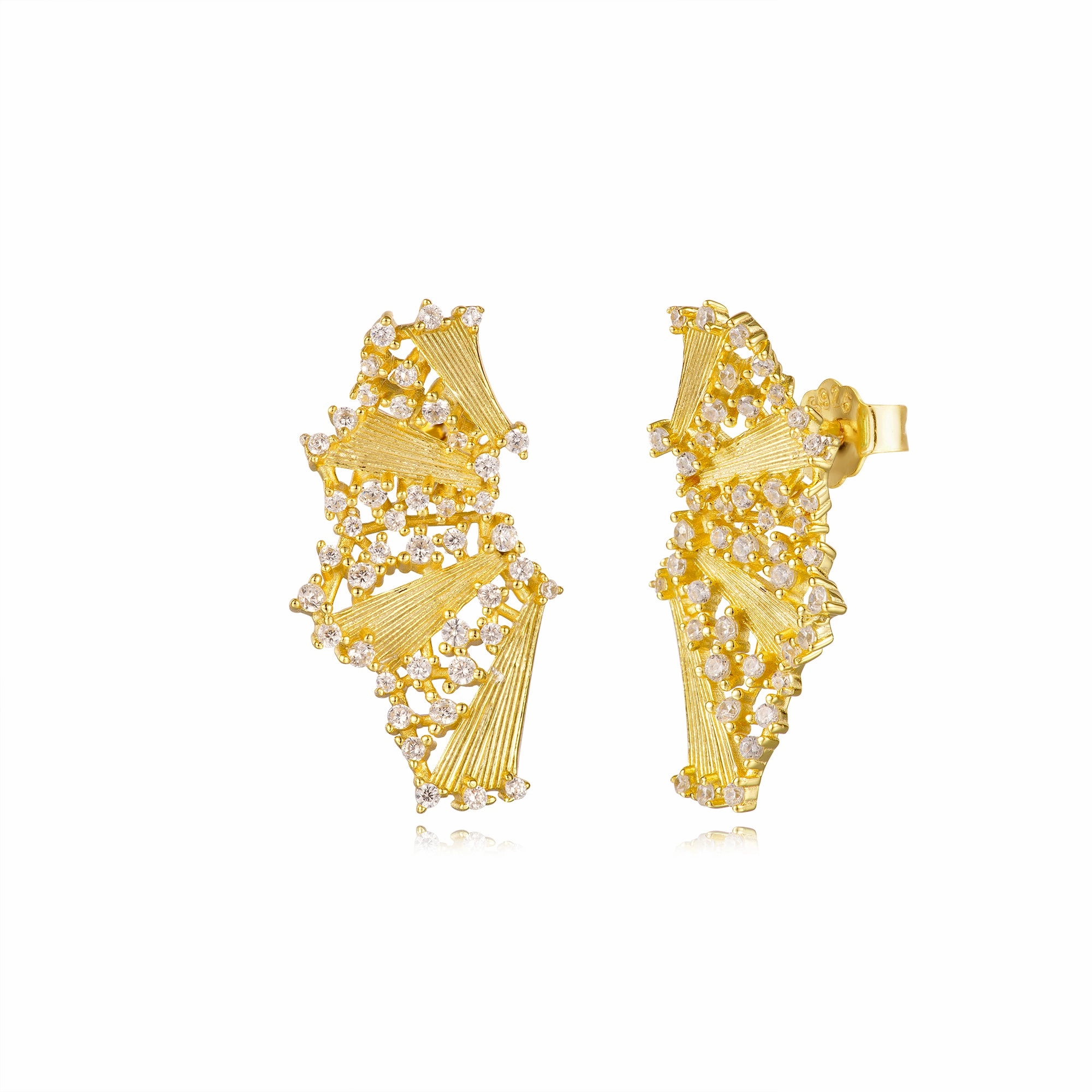 Impeccable Detail Sterling Silver Gold Plated Cascading Fan With CZ Stud Earrings