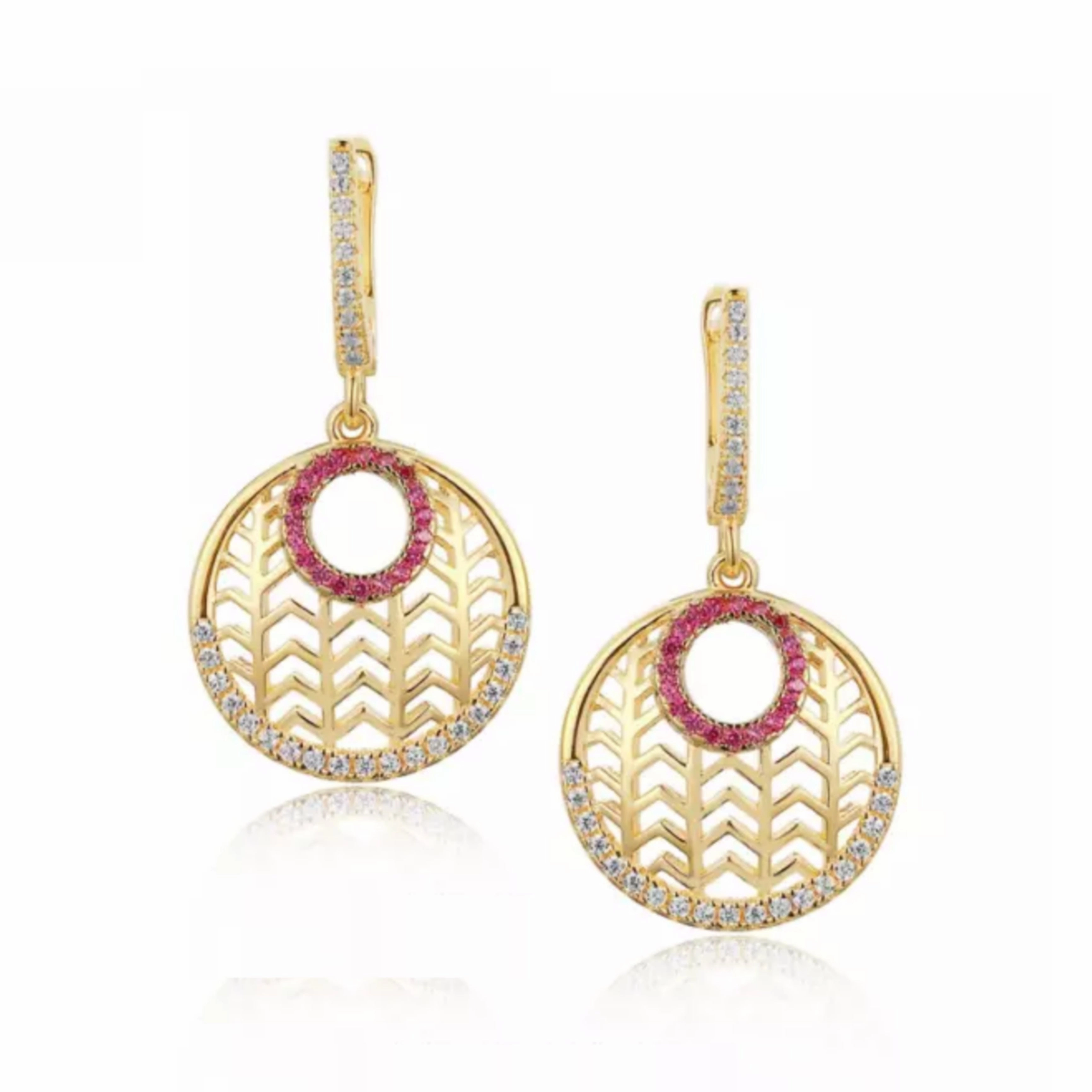 Understated Fit Bridal Accessory Sterling Silver Gold Plated Circle With Clear and Ruby CZs Earring