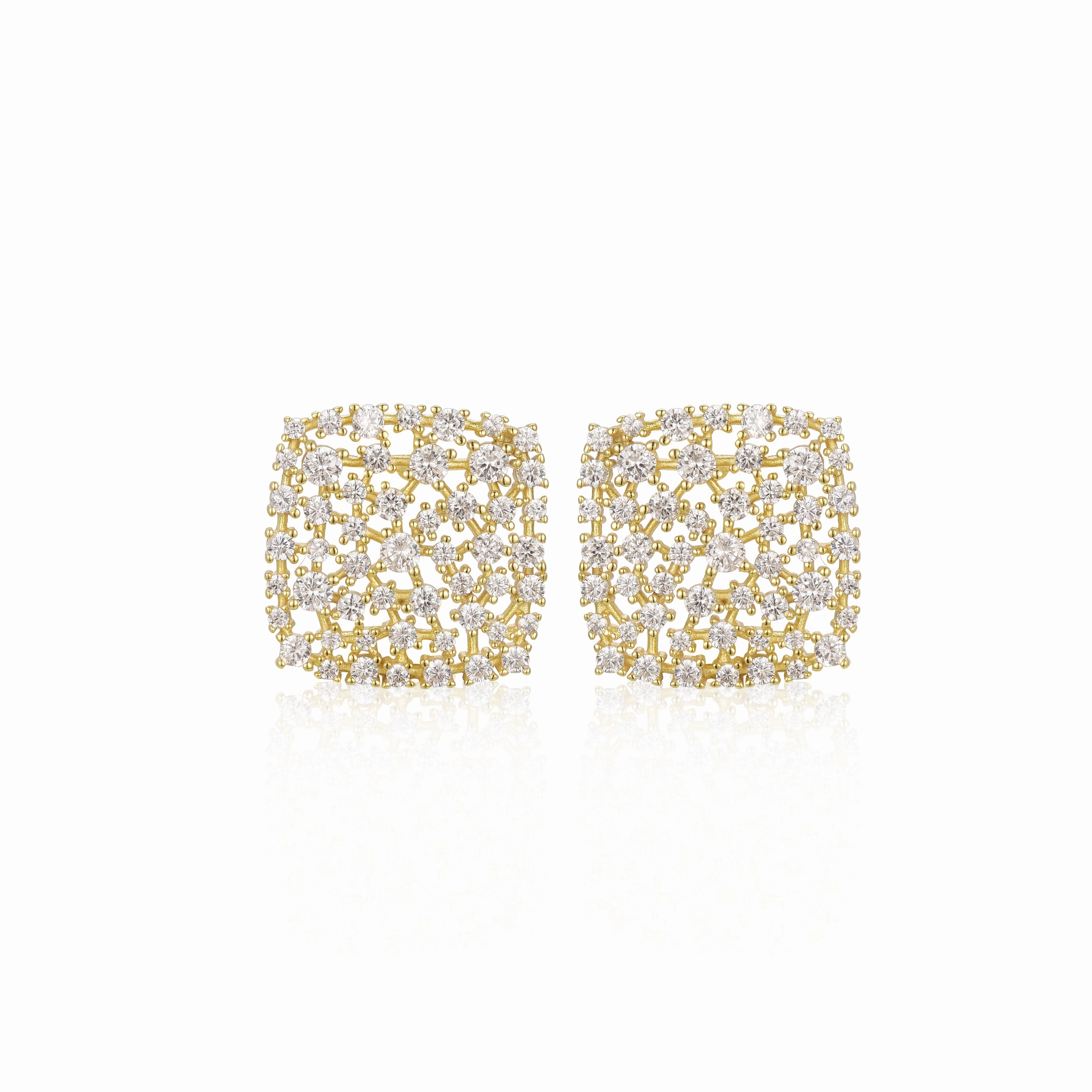 Sterling Silver Gold-Plated Cushion Sprinkled Cluster Stud Earrings Vintage Accent Evening Appeal