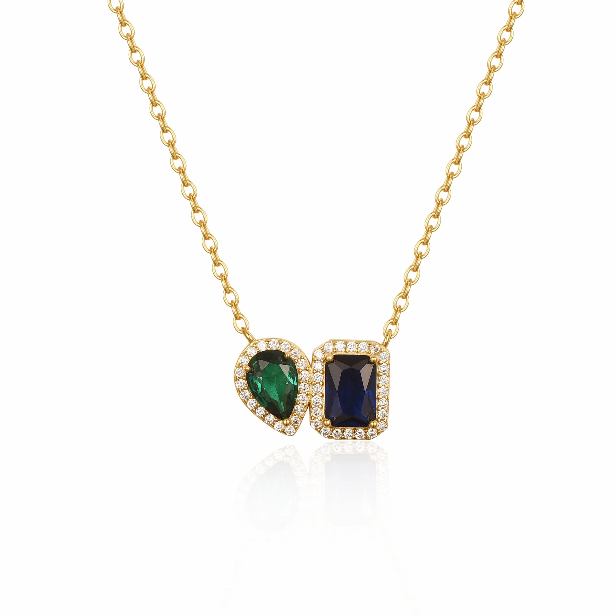 Sterling Silver Gold Plated Emerald and Sapphire CZ Shape Necklace Lightweight Piece