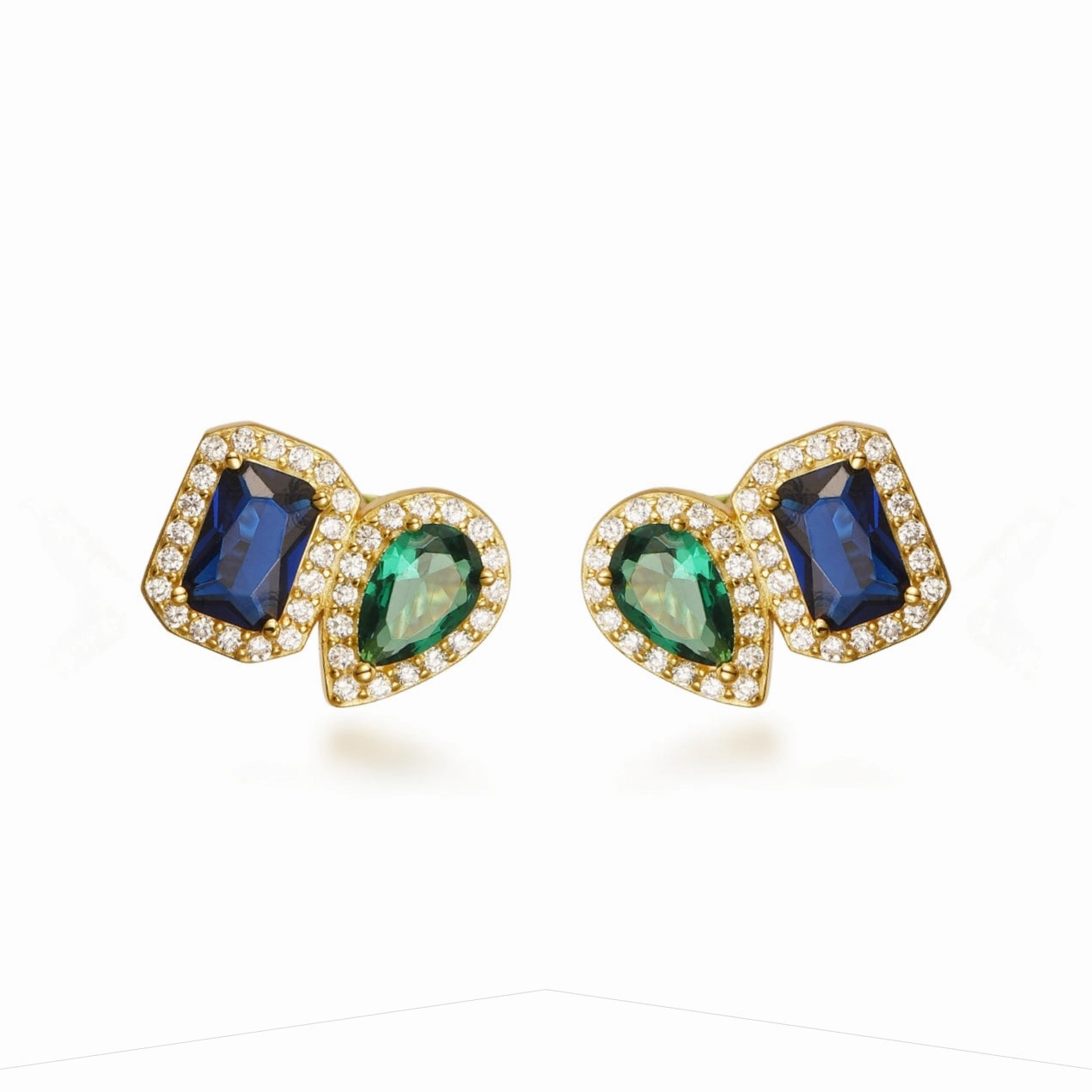 Sterling Silver Gold Plated Emerald and Sapphire CZ Shape Stud Earring Vintage Style