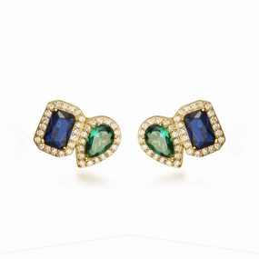 Sterling Silver Gold Plated Emerald and Sapphire CZ Shape Stud Earring Vintage Style