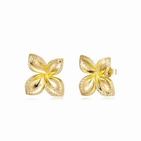 Chic Duo Sterling Silver Gold Plated Four Petal With CZ Stud Earrings