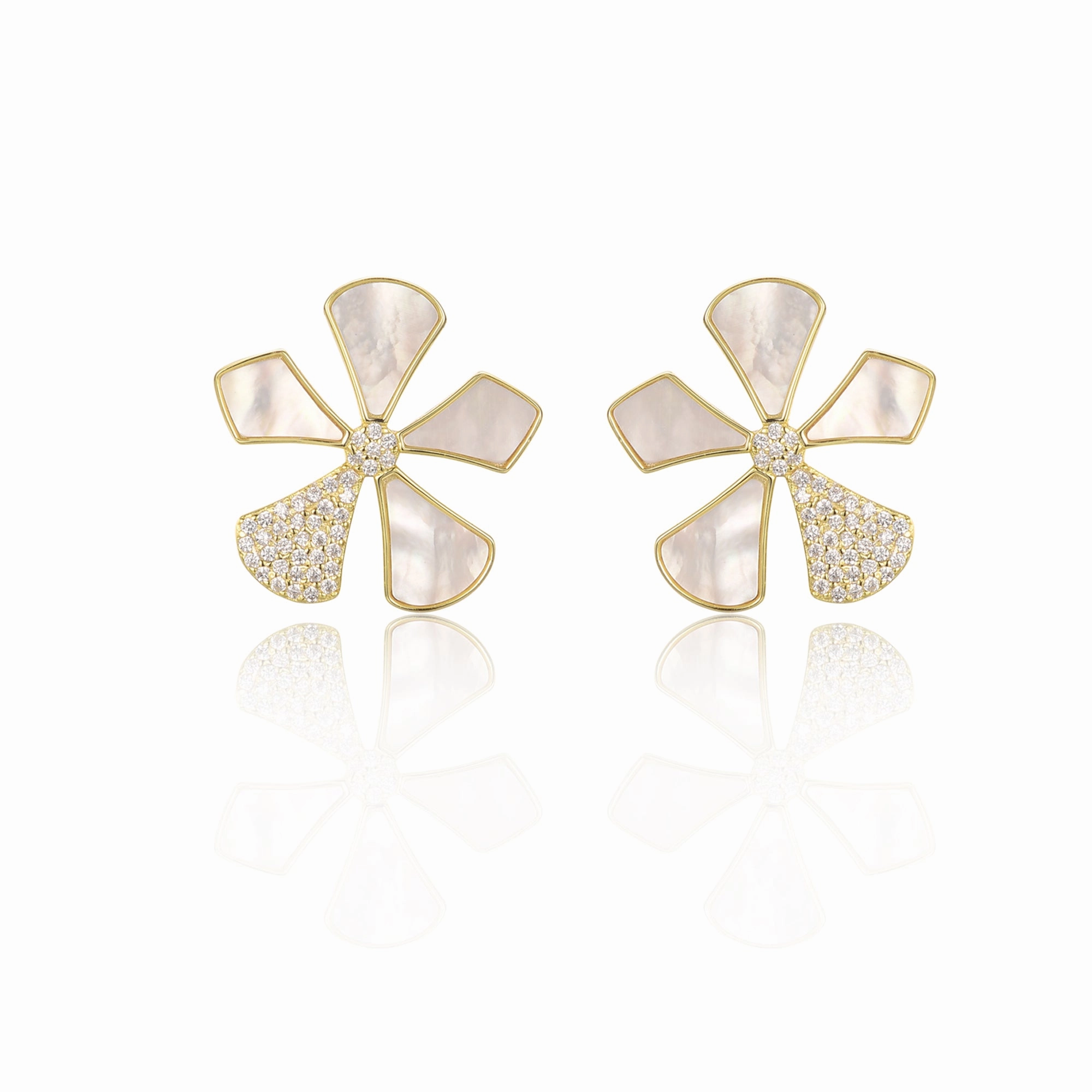 Sterling Silver Gold Plated Mother of Pearl And CZ Five Petal Flower Stud Earrings Layering Choice