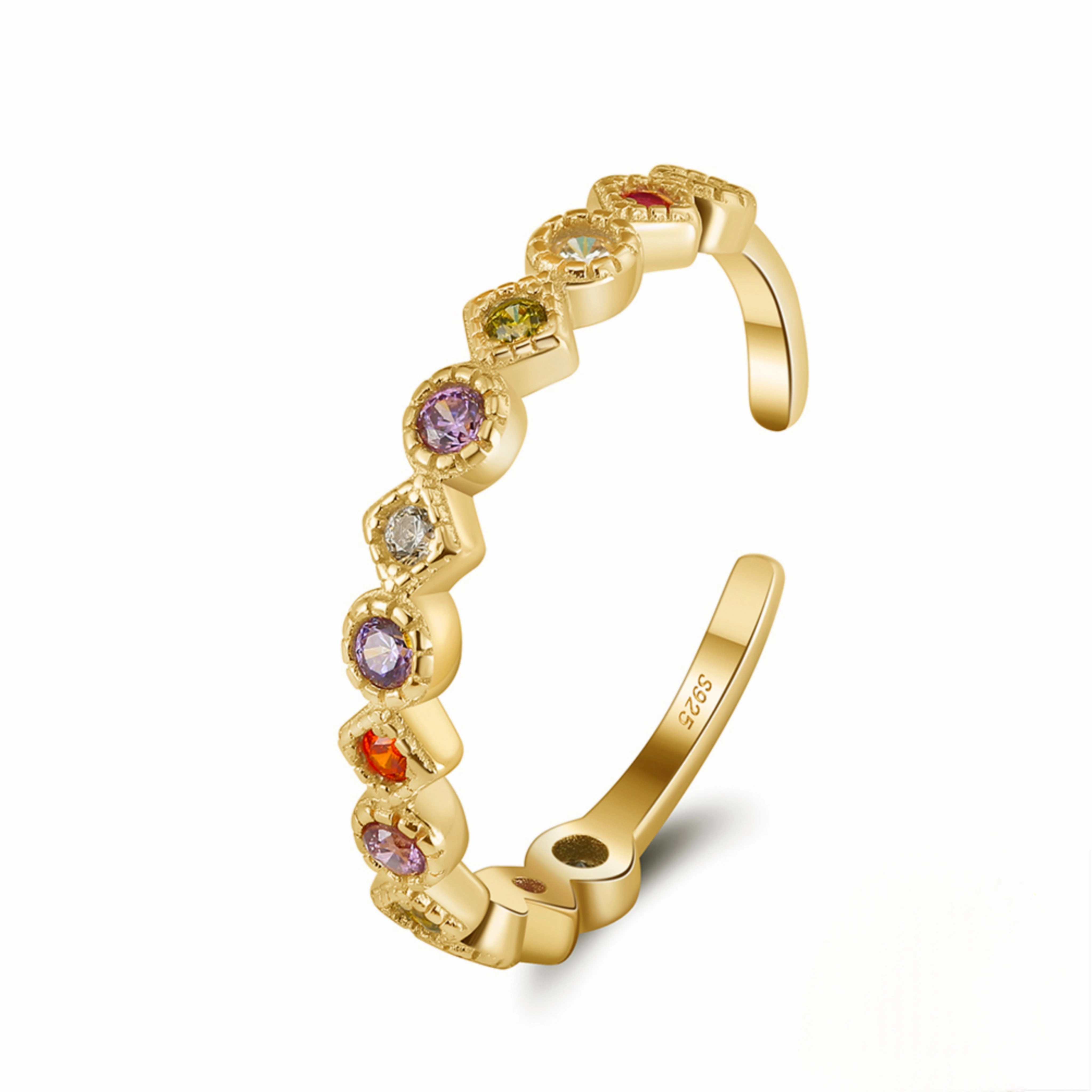 Effortless Charm Elegant Layer Sterling Silver Gold Plated Multicolor CZ Adjustable Ring