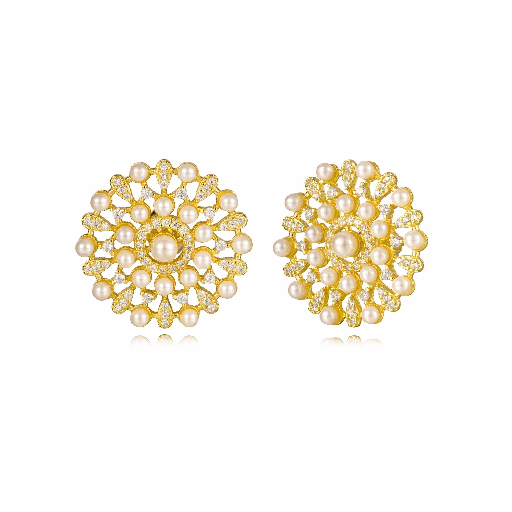 Graceful Piece Subtle Charm Sterling Silver Gold Plated Pearl And CZ Design Stud Earrings