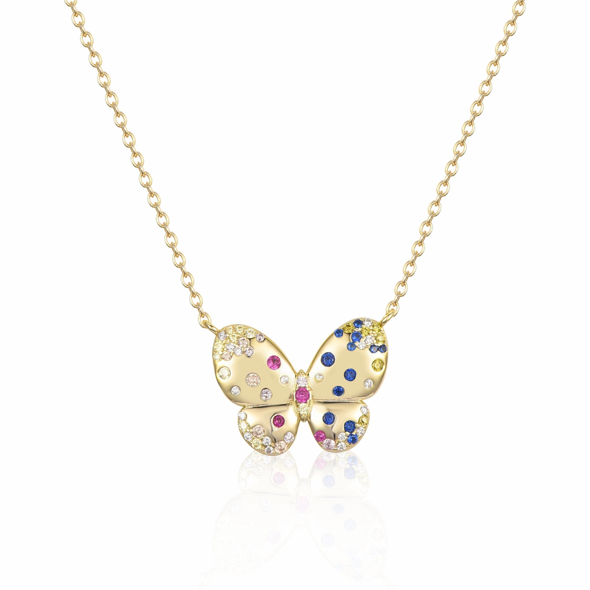 Sterling Silver Gold Plated Puffy Butterfly With Colorful CZ Necklace Premium Highlight Polished Detail