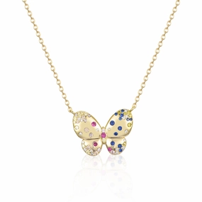 Sterling Silver Gold Plated Puffy Butterfly With Colorful CZ Necklace Premium Highlight Polished Detail