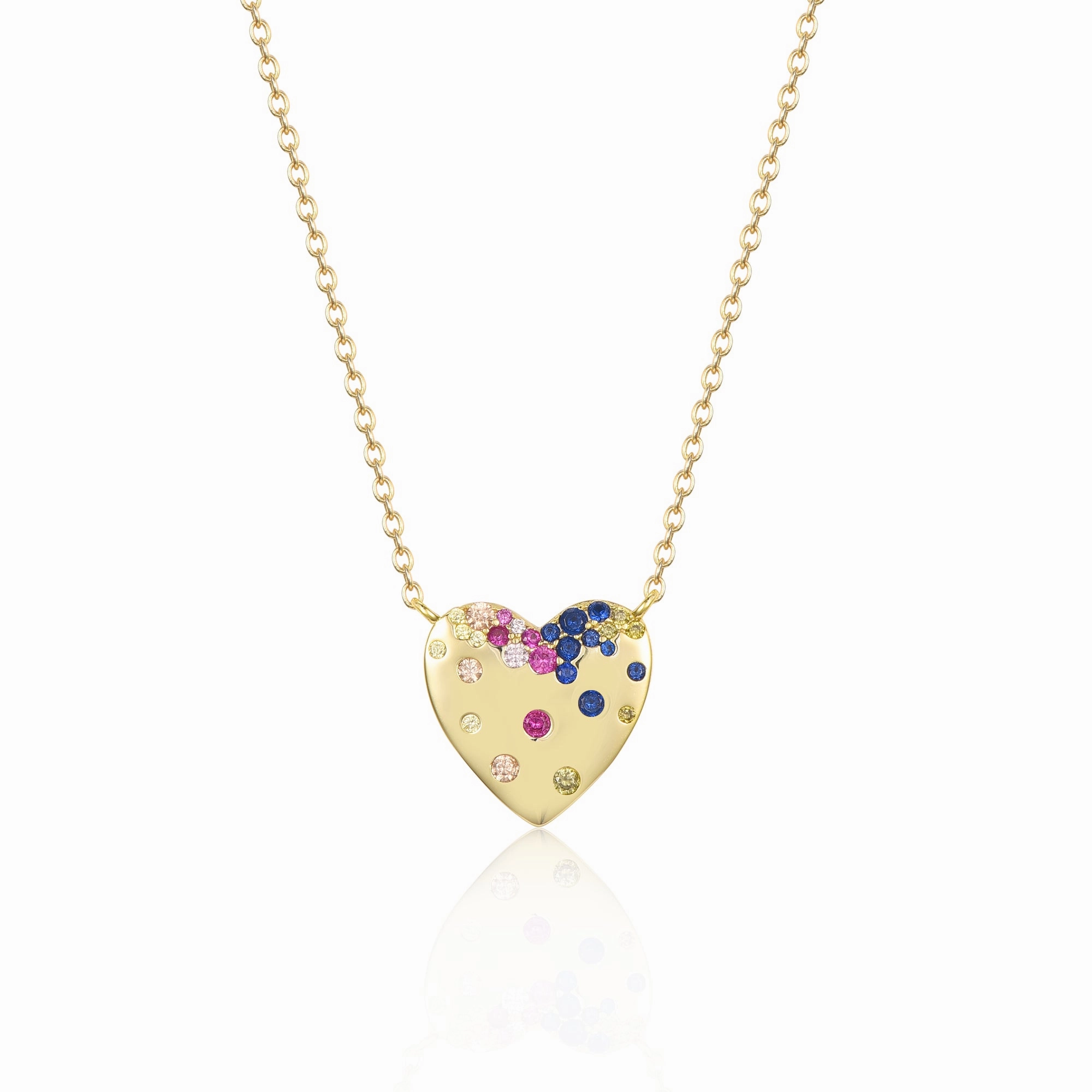 Exclusive Finish Polished Shape Sterling Silver Gold Plated Puffy Heart With Colorful CZ Necklace