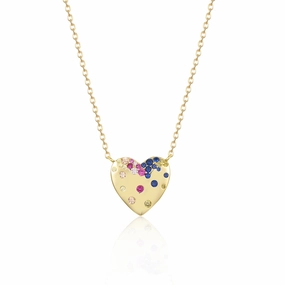 Exclusive Finish Polished Shape Sterling Silver Gold Plated Puffy Heart With Colorful CZ Necklace