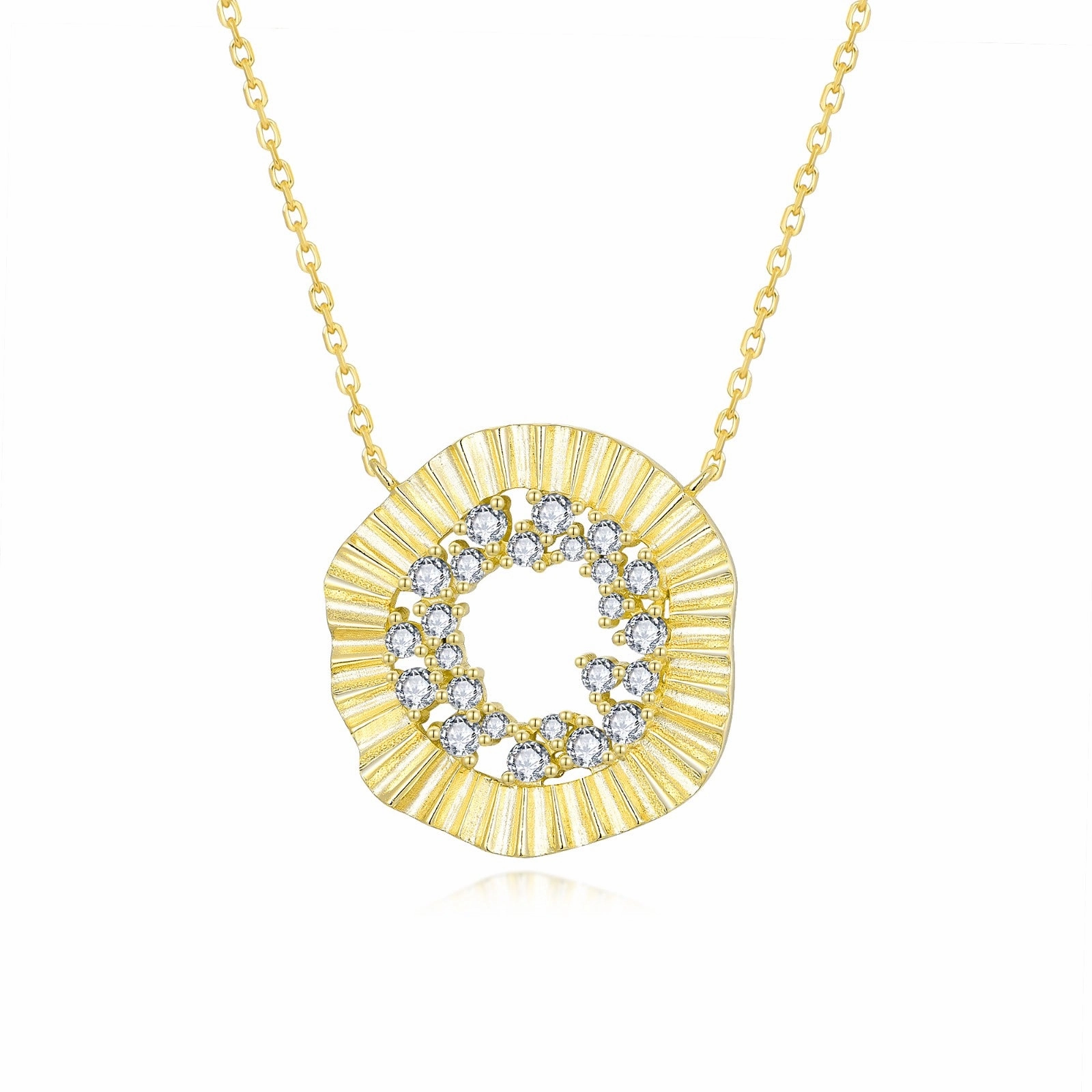Sterling Silver Gold Plated Rounded Fan Shape CZ Center Necklace Retro Mood