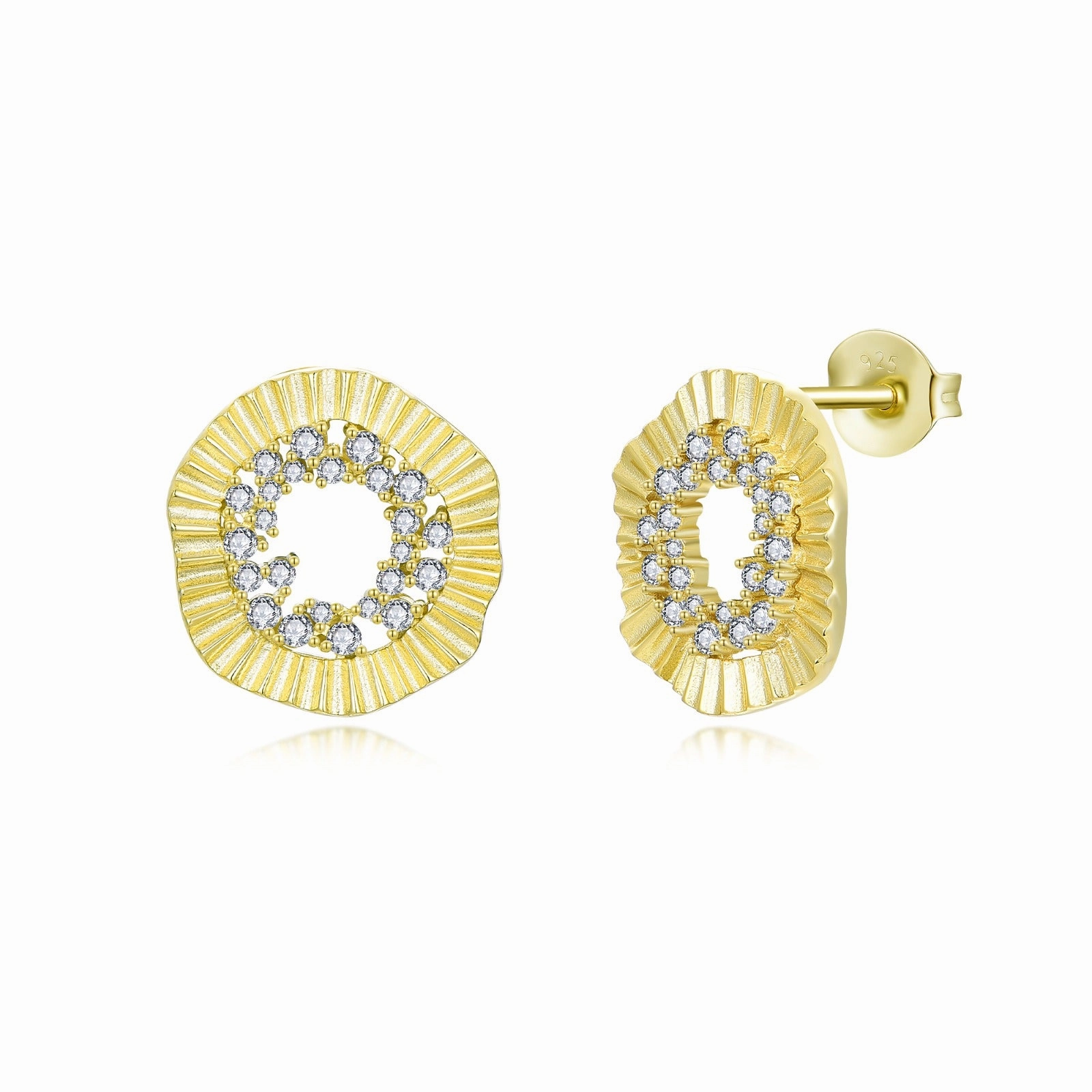 Sterling Silver Gold Plated Rounded Fan Shape CZ Center Stud Earrings Beach Vibes Artisan Crafted