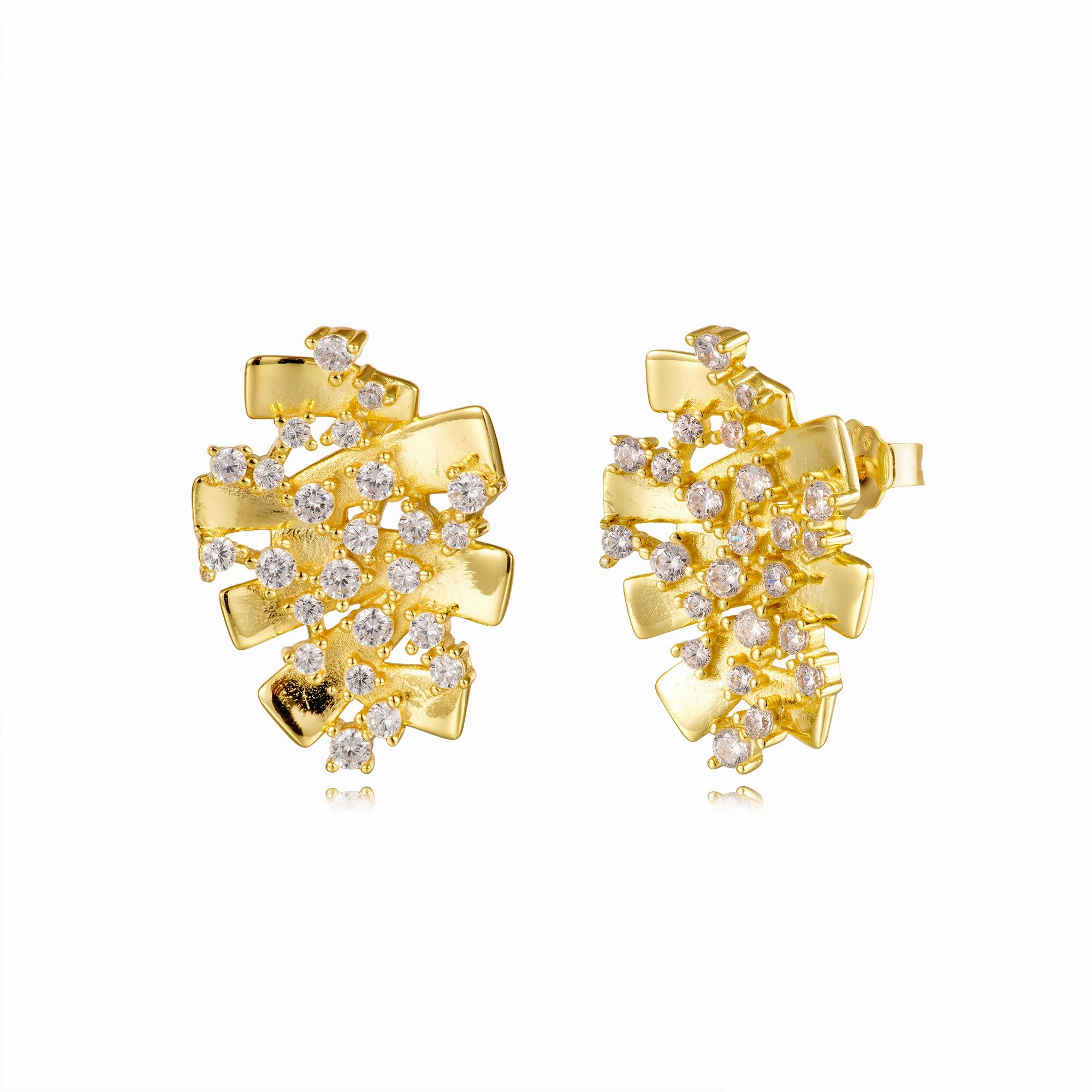 Sterling Silver Gold Plated Wave Sprinkled CZ Stud Earrings Outdoor Set