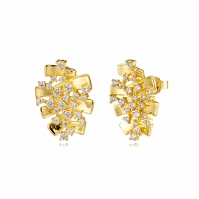 Sterling Silver Gold Plated Wave Sprinkled CZ Stud Earrings Outdoor Set