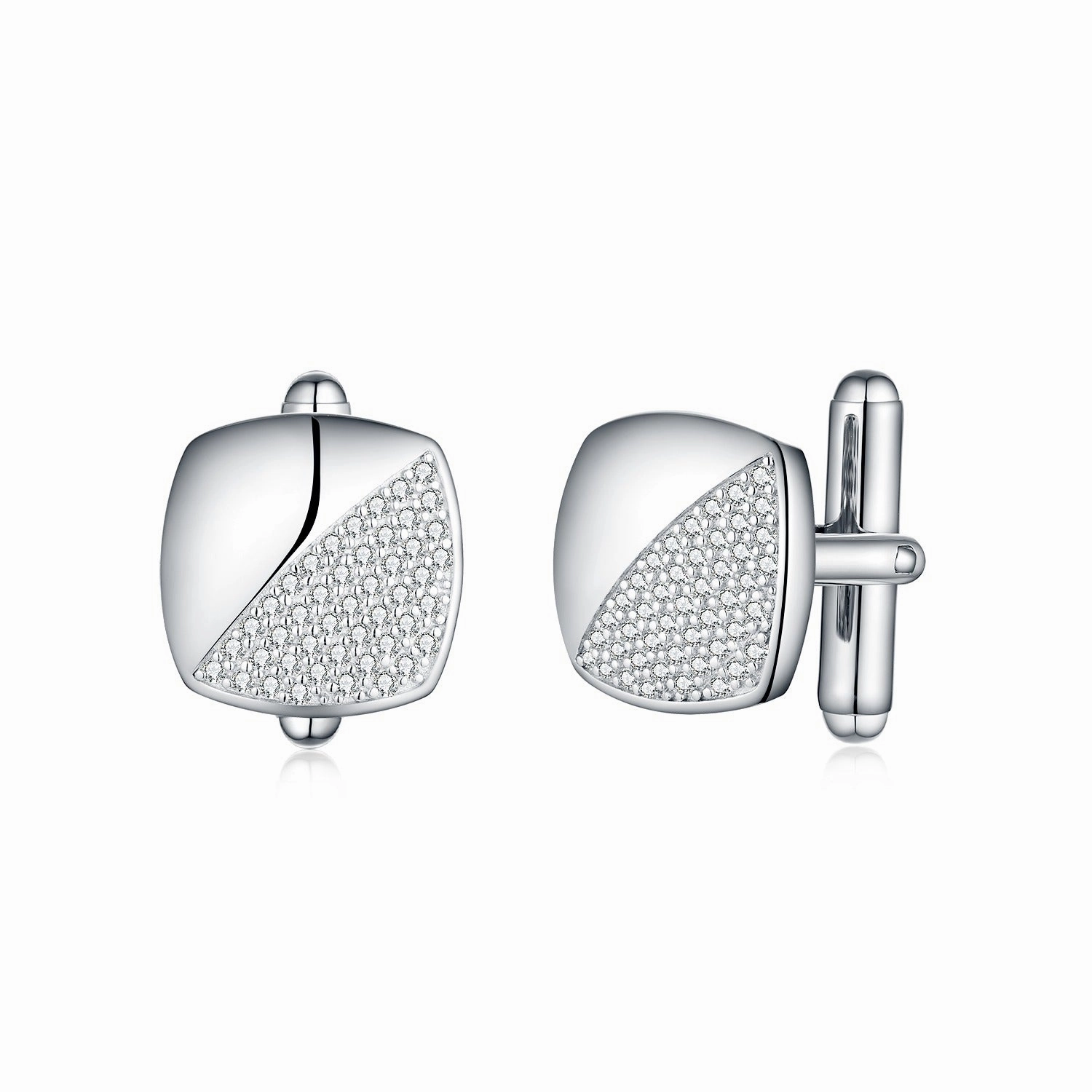 Sterling Silver Half Micropave CZ Square Cufflinks Accent Focus Dramatic Flare