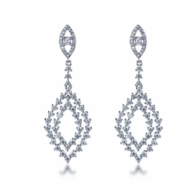 Sterling Silver Hanging Double Diamond Shaped Earring Holiday Accent Elegant Detailing