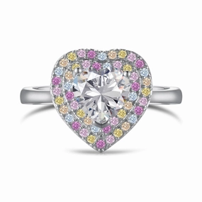 Adjustable For All Graceful Balance Sterling Silver Heart-Shaped Pastel Rainbow Halo Engagement Ring