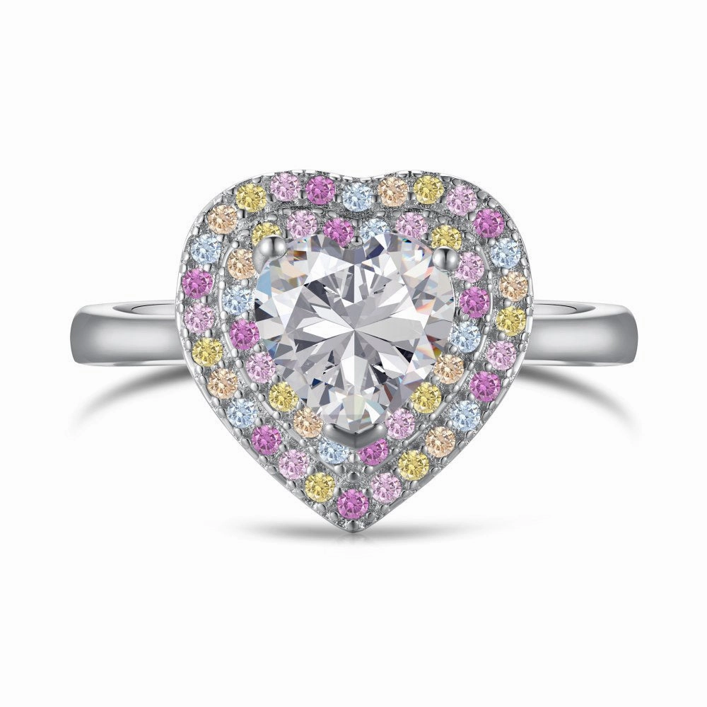 Superior Decoration Polished Surface Sterling Silver Heart-Shaped Pastel Rainbow Halo Engagement Ring