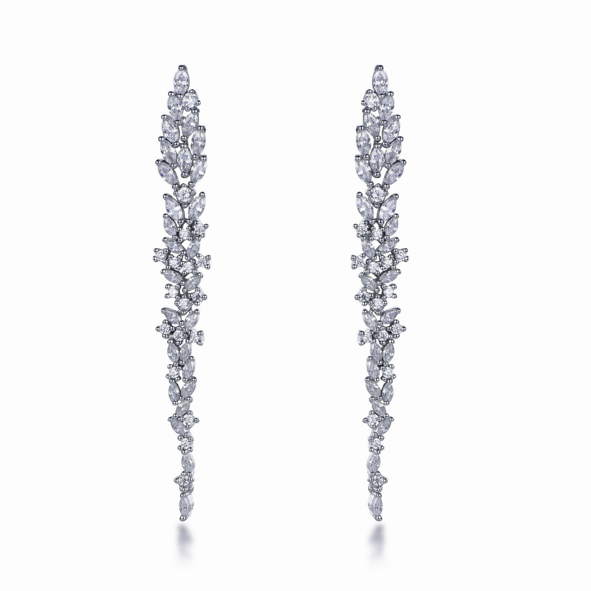 Sleek Outline Polished Element Sterling Silver Long Thin Cascading CZ Earring