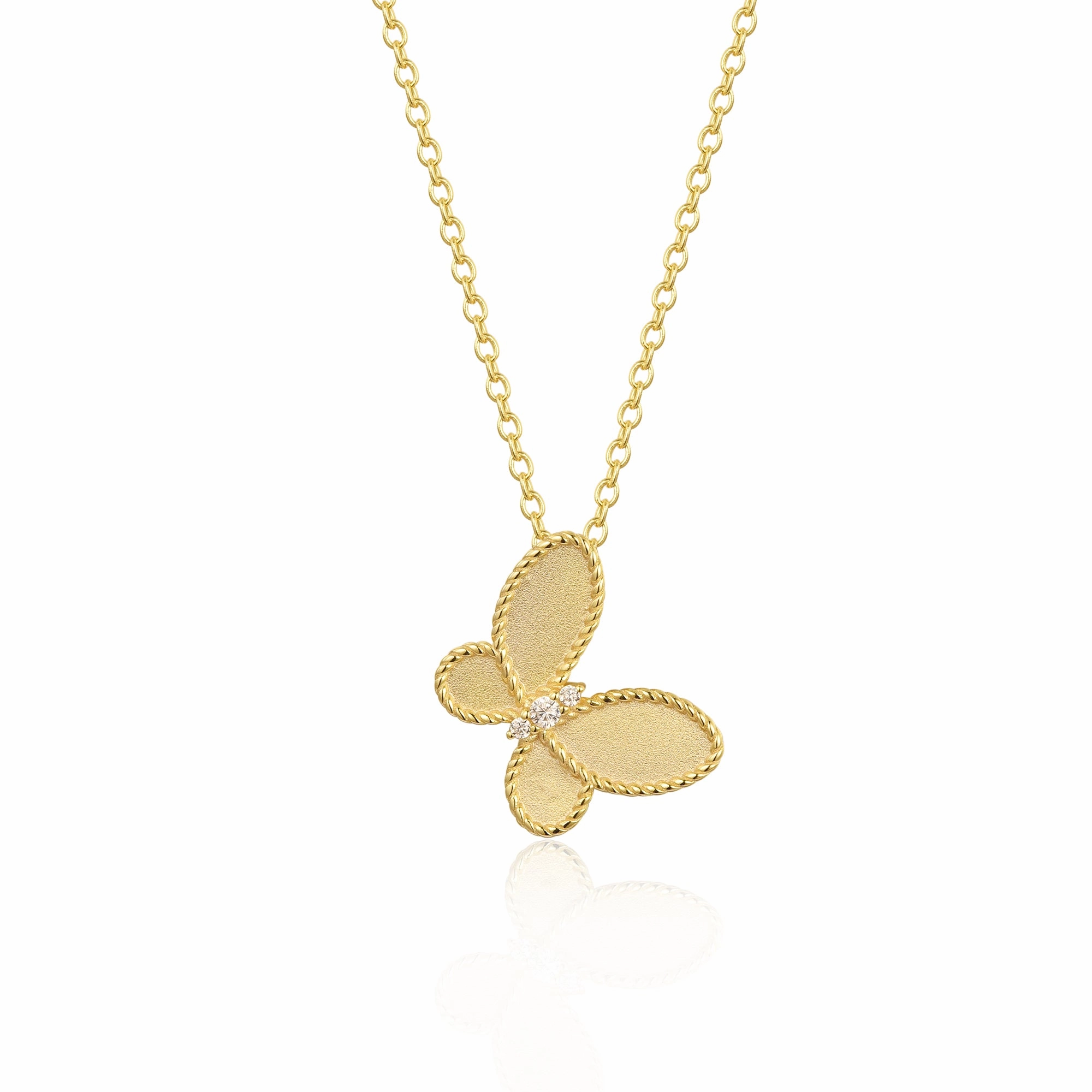 Effortless Look Sterling Silver Matte Finish Gold Plated Butterfly With Beaded Border Necklace
