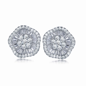 Chic Silhouette Finishing Accent Sterling Silver Micropave Baguette Wavy Flower Stud Earrings