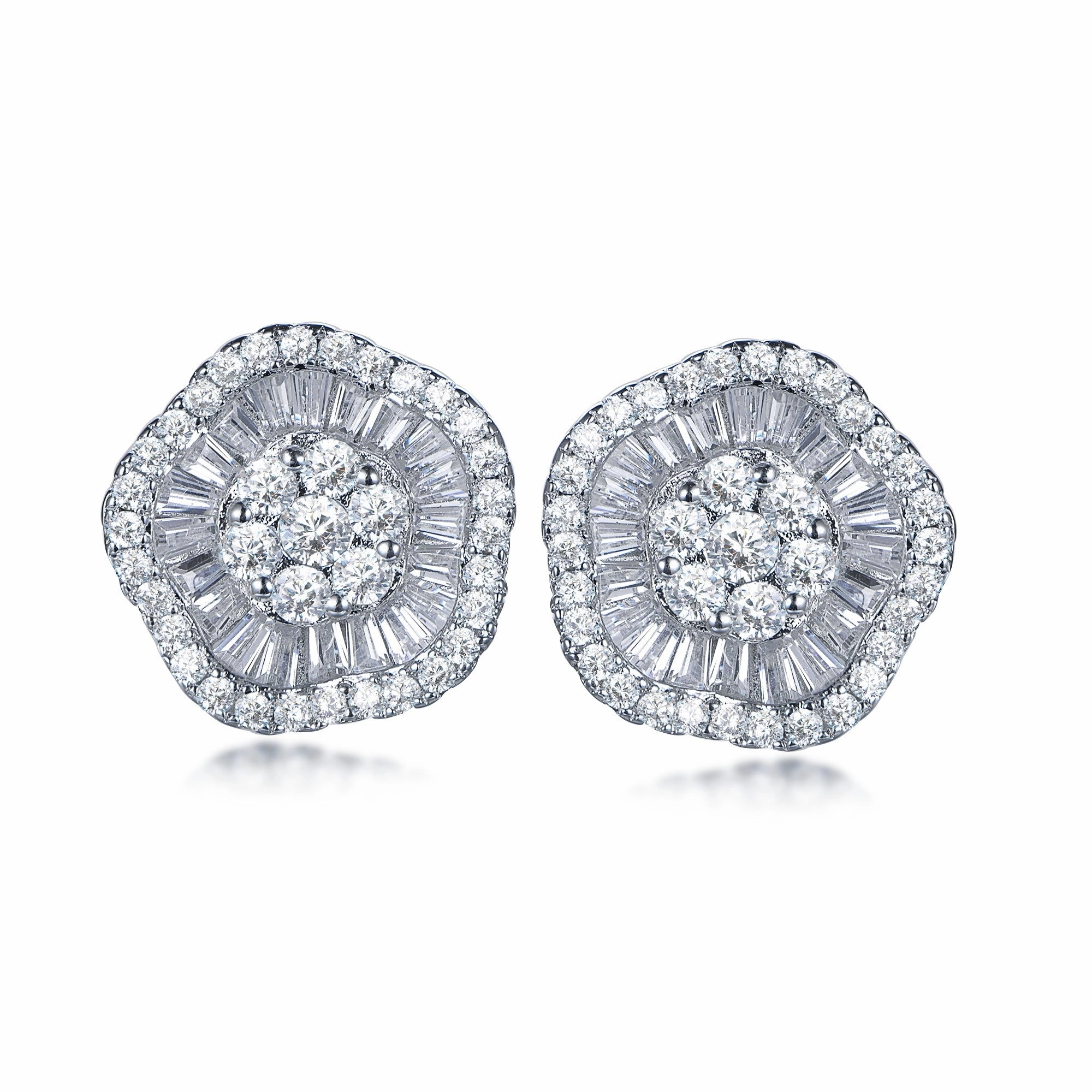 Chic Silhouette Finishing Accent Sterling Silver Micropave Baguette Wavy Flower Stud Earrings