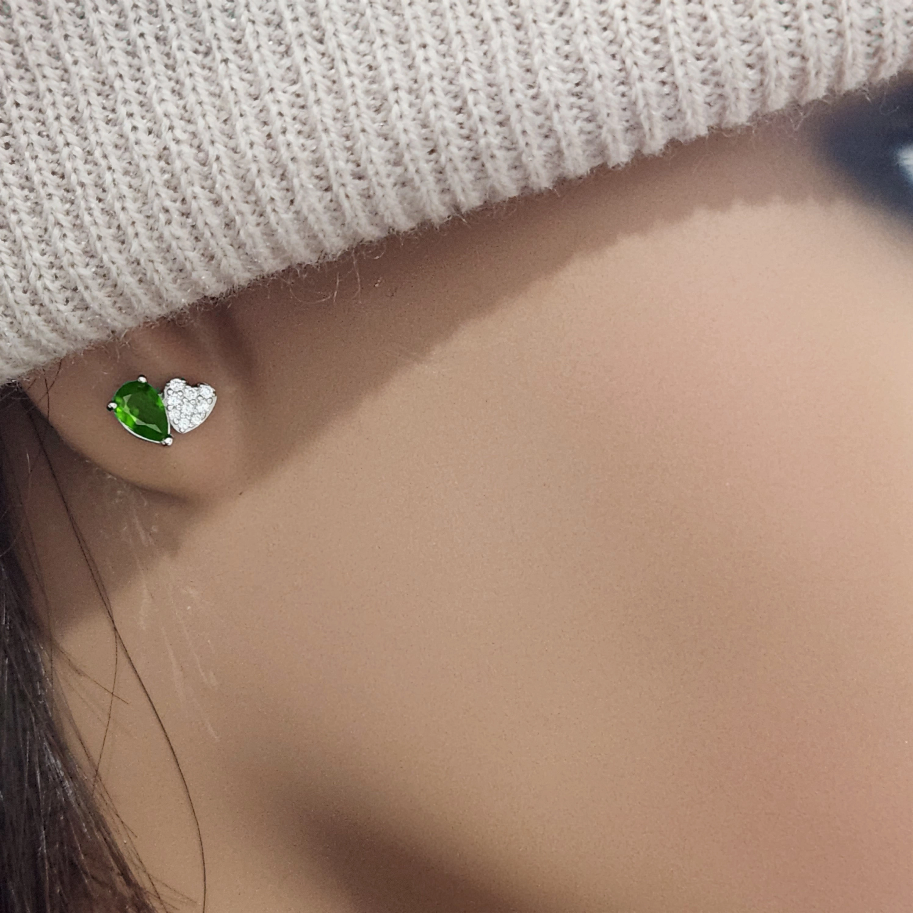 Luxurious Detail Sterling Silver Micropave Heart With Colored Pear CZ Stud Earring