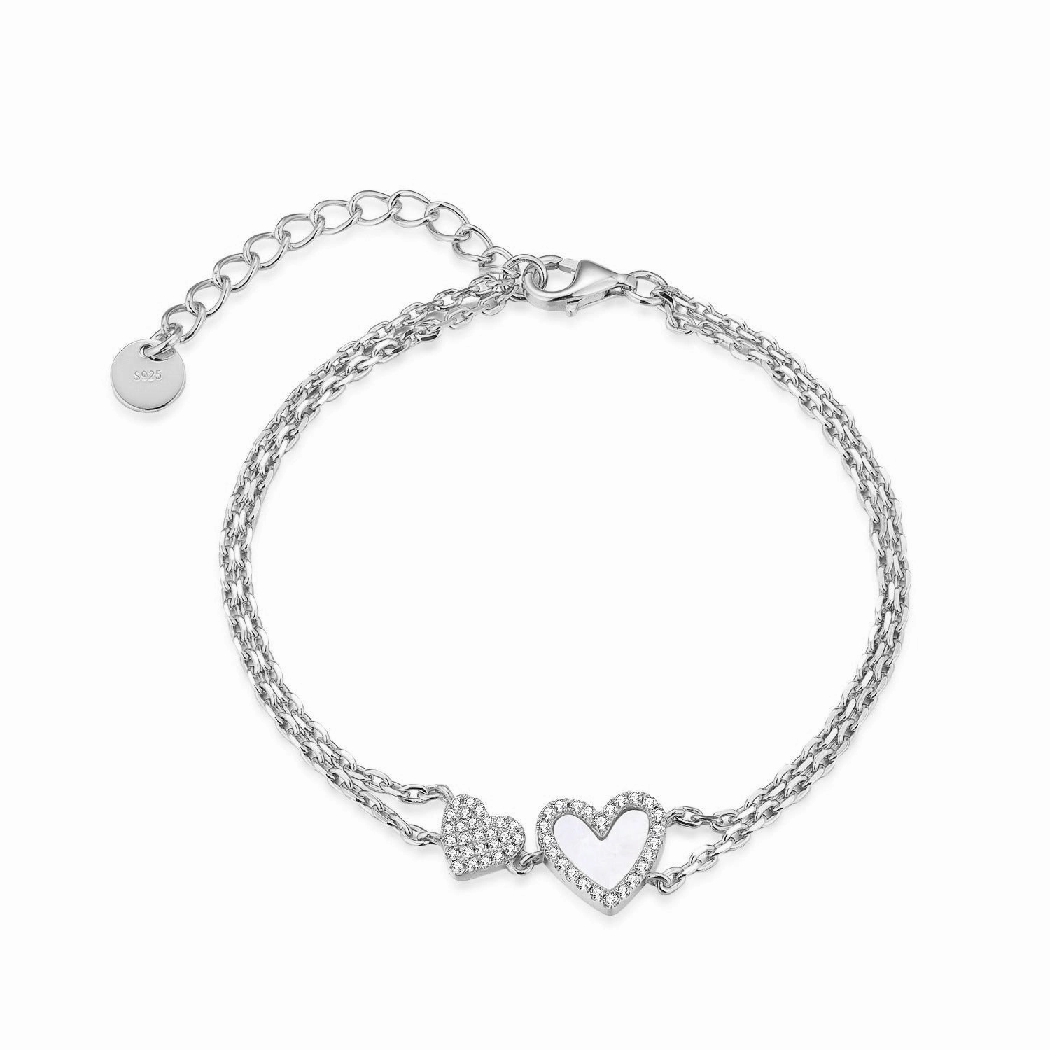 Sterling Silver Micropave Two Strand Double Heart Bracelet Charming Accessories