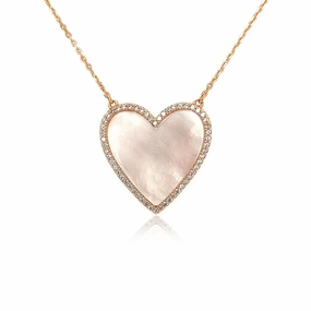 Sterling Silver Mother of Pearl Heart With CZ Border Necklace Luxury Choice Crisp Edge