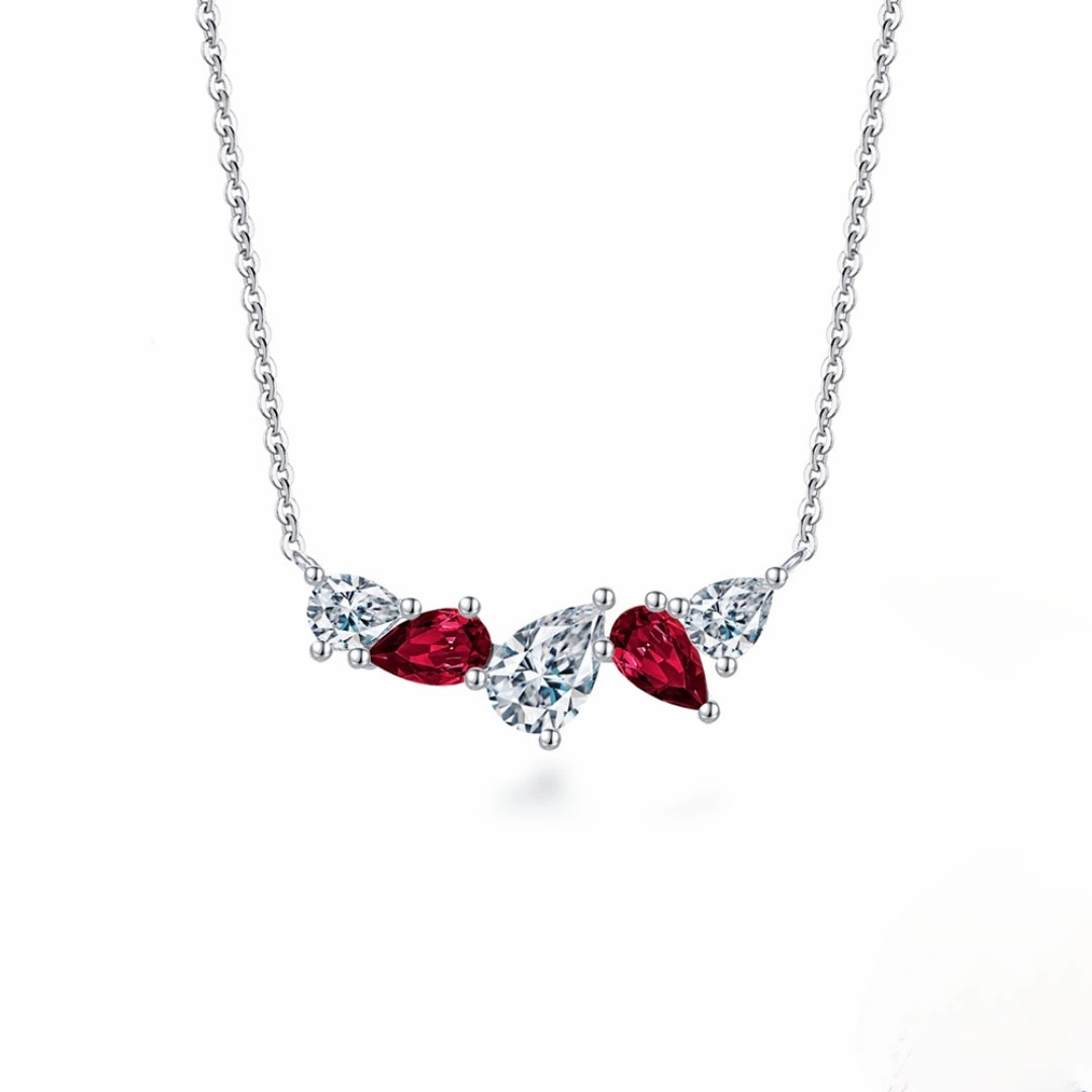 Sterling Silver Multi Pear Shaped Stones on Chain Necklace Stunning Detail Chic Line