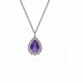 Sterling Silver Pear Shape Amethyst Pendant on 17.5" Chain Strong Construction