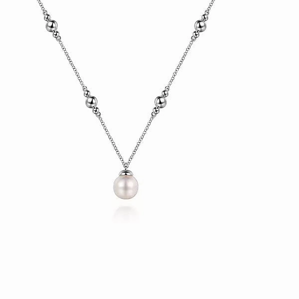 Sterling Silver Pearl & Bujukan Beads Station 17.5" Necklace Cool Accent Style Ready