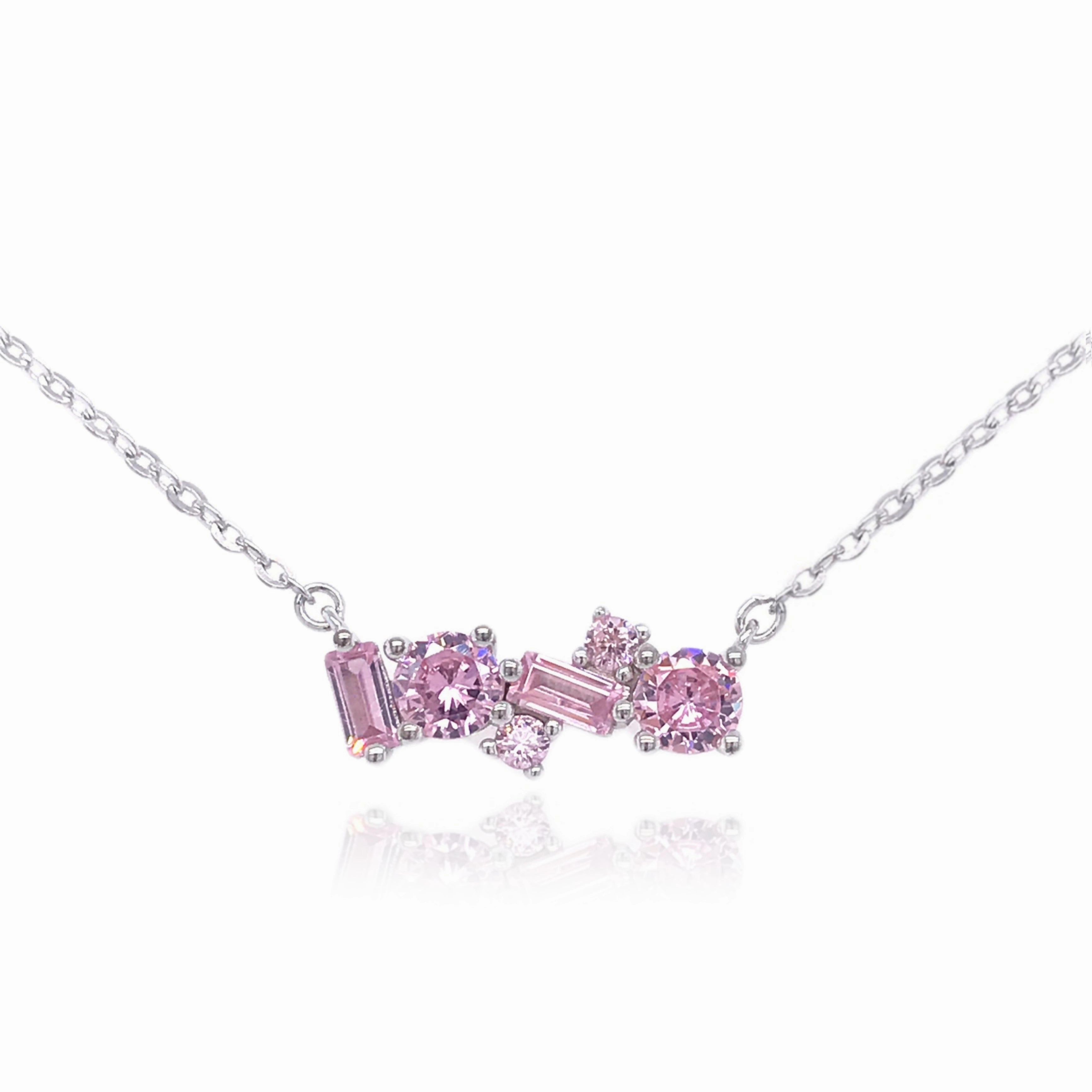 Radiant Gem Sterling Silver Pink or Clear and Emerald Bar Necklace