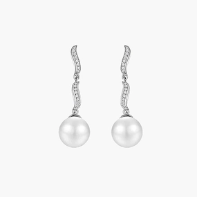 Sterling Silver Ripple Dangle Pearl Earrings Glittering Sparkle Fashion Classic