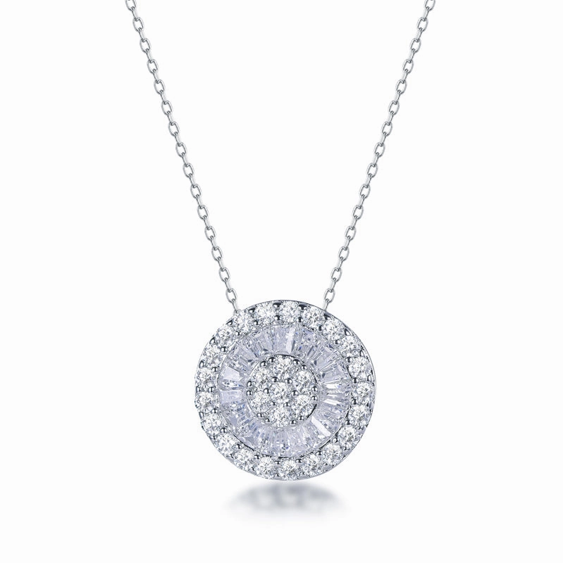 Sterling Silver Round and Baguette CZ Circle Necklace Sophisticated piece Graceful Mood