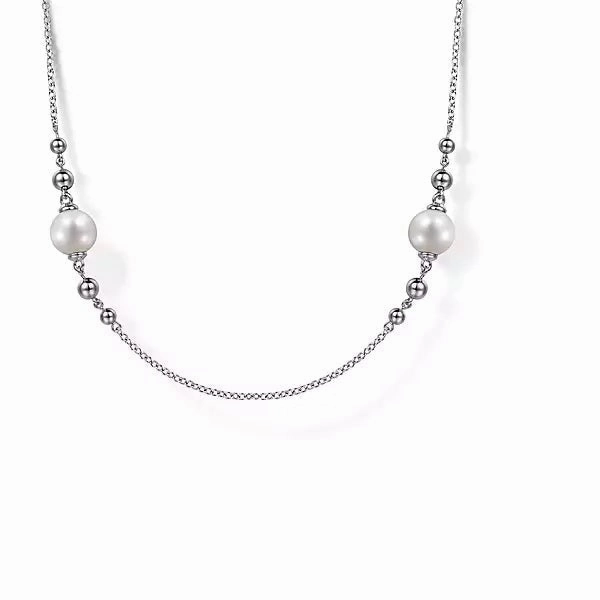 Sterling Silver Round White Pearl 32" Station Necklace with silver bead balls Versatile Present Vintage Piece